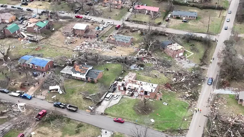 Drone video recorded by Hailee Oman shows the damage left by an EF-3 rated tornado on Saturday in Clarksville, Tennessee. (Video credit: Hailee Oman)