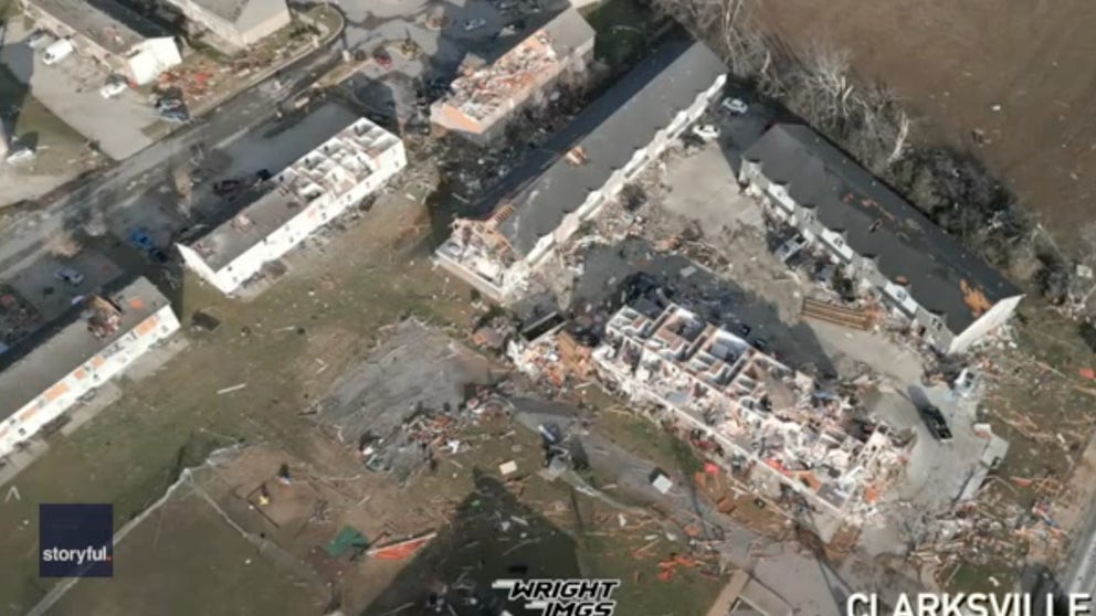 Clarksville, Tennessee, was devastated by an EF-3 tornado on Saturday. Aerial footage from after the event shows neighborhoods destroyed. (Video: Wright Imgs via Storyful)