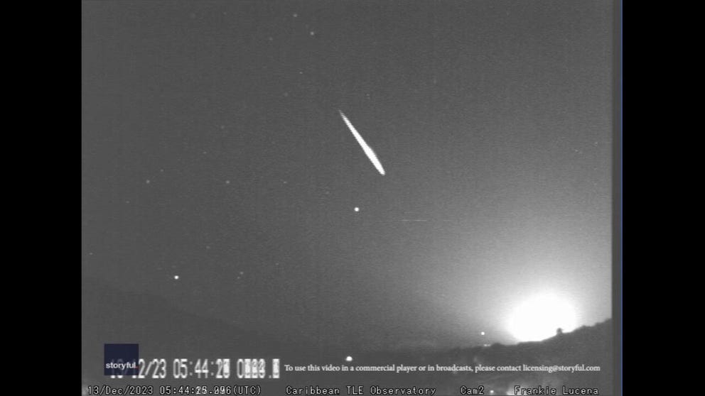 A video shot early Wednesday morning captured the moment a meteor streaked across the sky and appeared to explode over Puerto Rico. (Courtesy: Frankie Lucena via Storyful)