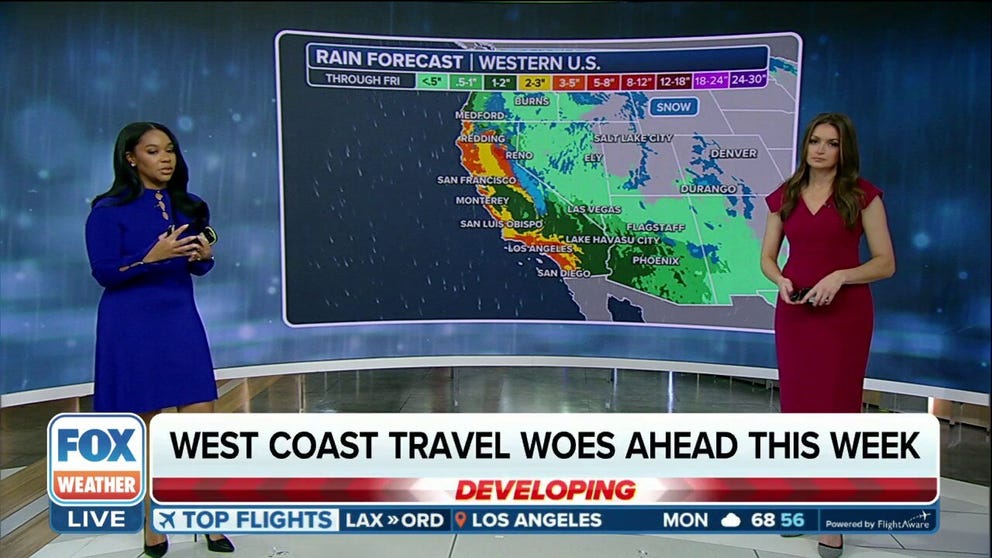 A week of showers and thunderstorms is in the forecast for California and other parts of the West, threatening areas of flooding and travel challenges as a one-two punch of storm systems settles in off the Pacific coast.