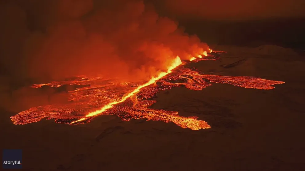 Dramatic video shows lava shooting from a long fissure north of Grindavik, Iceland, late Monday night after a volcano erupted in the area. (Video from December 2023)