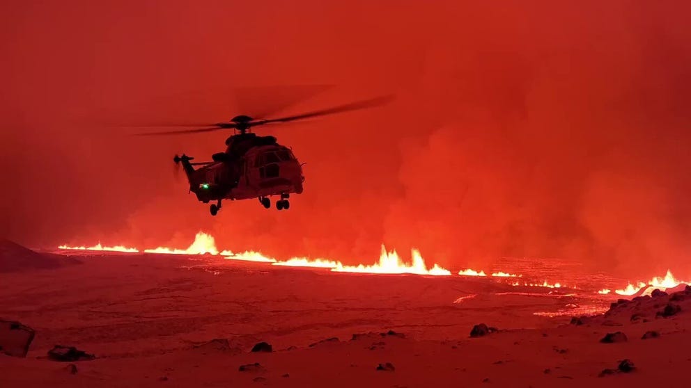 The Icelandic Coast Guard provided video of an up-close look at a volcano that erupted near the town of Grindavik on Monday night.