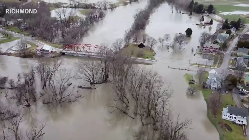 Drone footage from the Department of Agriculture shows flooding in Richmond, Cambridge and Jeffersonville.
