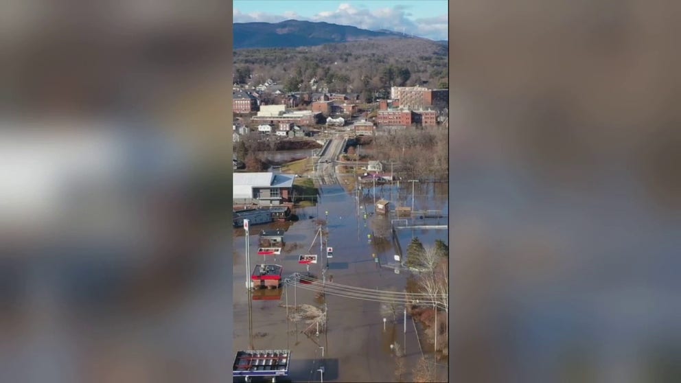 On Tuesday, drone footage captured flooding conditions caused by heavy rain around Plymouth State University near the Pemigewasset River in New Hampshire.