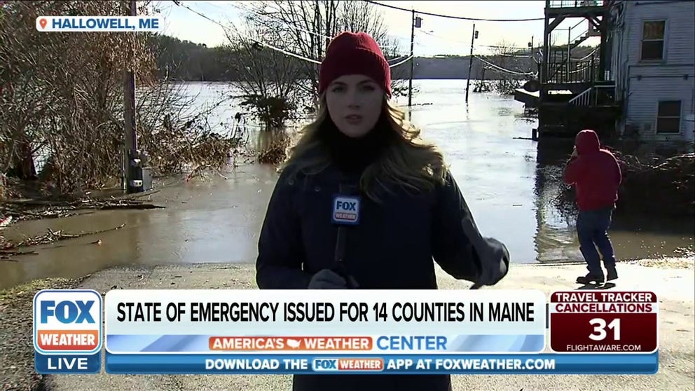 The East Coast is reeling after a deadly storm earlier this week. The massive storm caused several hazards, including powerful winds reaching 90 mph and knocking down trees and power lines. FOX Weather's Katie Byrne is in the city of Hallowell, which is still under a Flood Warning.