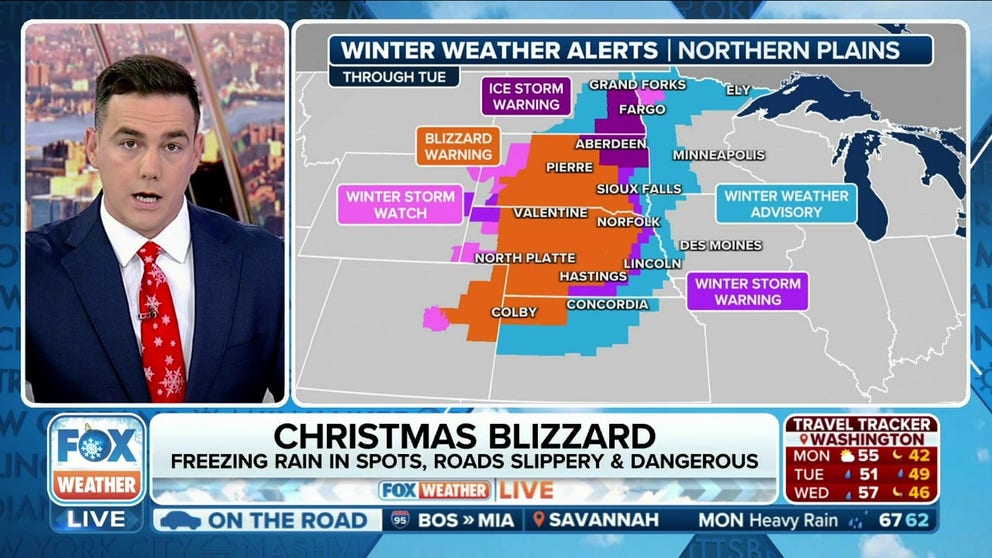 A Blizzard Warning is in effect for many Americans in South Dakota, Nebraska, Kansas and Colorado. Many in those and surrounding areas may also have to contend with an Ice Storm Warning, as well. Dec. 25, 2023.