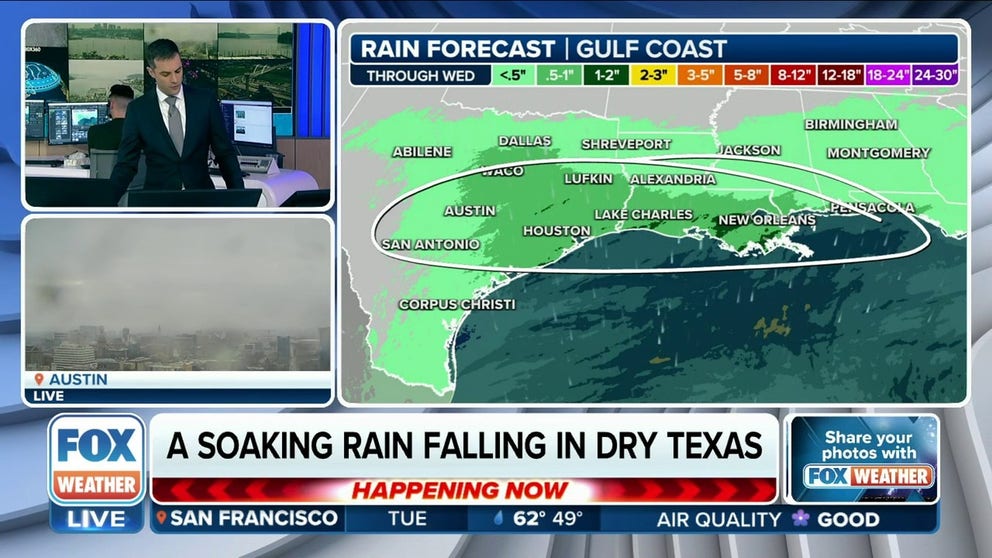 After storms in Texas the beneficial rain will move across the South by mid-week, including for drought-stricken states like Louisiana. Up to 1 inch of rain is possible through Wednesday for some Gulf Coast communities.