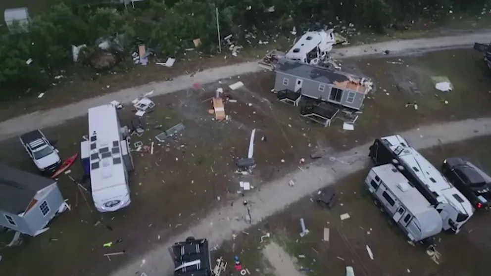 Daylight shows an RV park with flipped and shredded trailers after a likely tornado barreled through Marianna, Florida. Jan. 9, 2024. (Courtesy: Brandon Clement / LSM)
