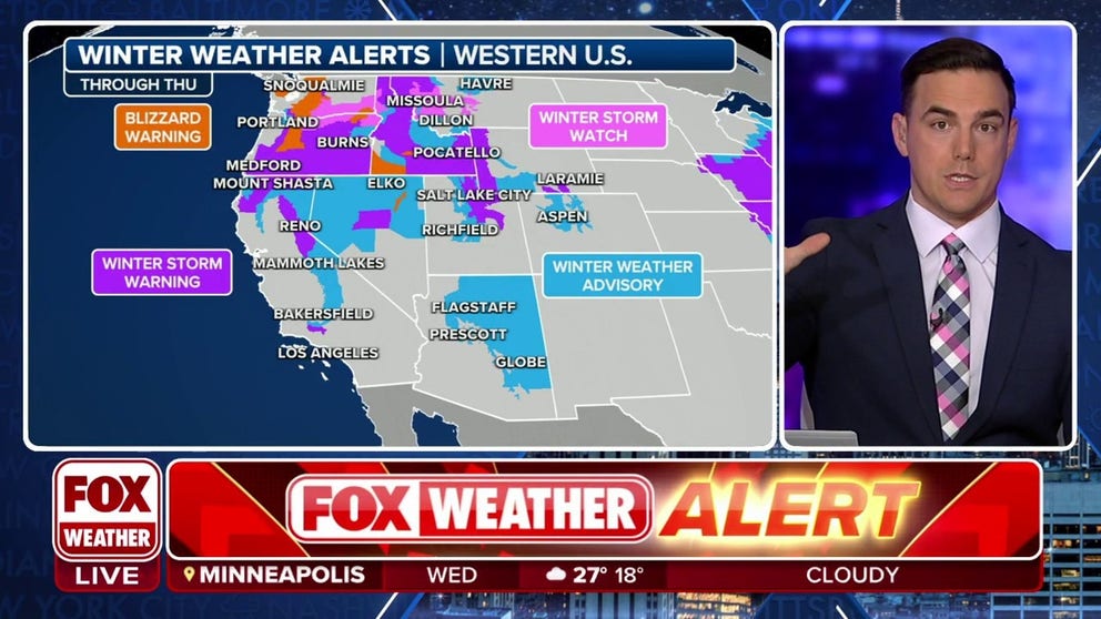 Blizzard Warnings are in effect through Thursday morning for high elevations of Washington, Oregon and Idaho. Feet of snow have fallen already with winds gusting to 55 mph. The storm sinks into California and Nevada for Wednesday.