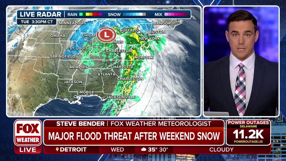 FOX Weather is tracking a powerful winter storm that already paralyzed the Plains with a blizzard and spawned deadly tornadoes in the South. Now the storm is soaking the Mid-Atlantic and Northeast. 40-60 mph wind gusts are creating an airport nightmare and knocking out power.