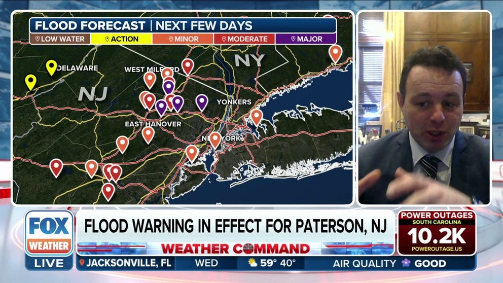 In Paterson, New Jersey, the Passaic River gauge is forecast to reach major flood stage, and a Flood Warning is in effect for the area until Thursday. In December, the river crested at 22 feet, which makes the area particularly vulnerable to the rain this time around. Paterson Mayor Andre Sayegh joins FOX Weather with the latest as a state of emergency is in effect for New Jersey.
