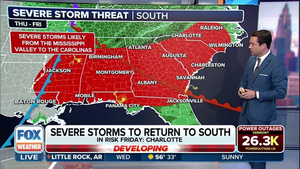 Another powerful storm system is expected to bring more severe thunderstorms, including possible tornadoes, to the South at the end of the week. The region is continuing to pick up the pieces after deadly storms tore across the region on Monday and Tuesday.