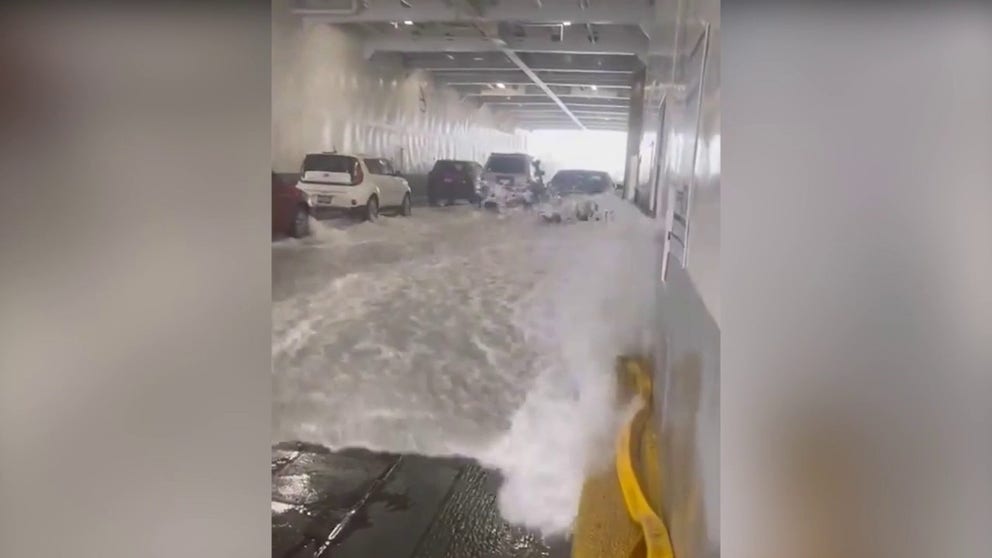 Video shot on Tuesday shows a ferry boat inundated by water as rough waters in northwest Washington slam waves into the vessel. (Courtesy: Washington State Ferries)