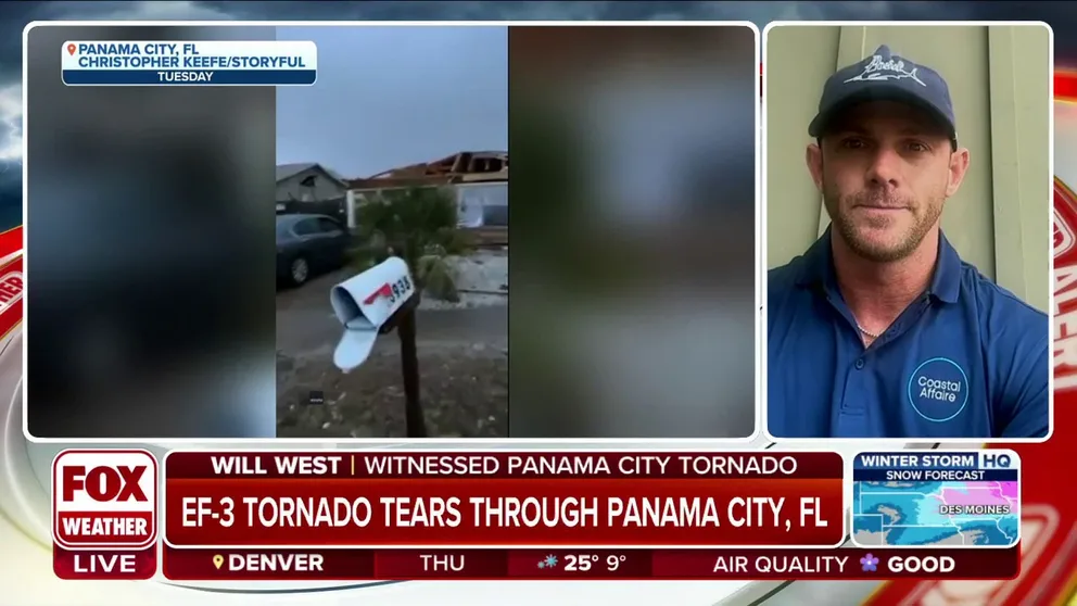 Will West witnessed the tornado in Panama City Beach, Florida during a severe weather outbreak. West described the tornado as "just a beast," adding it ripped his home doors off. 