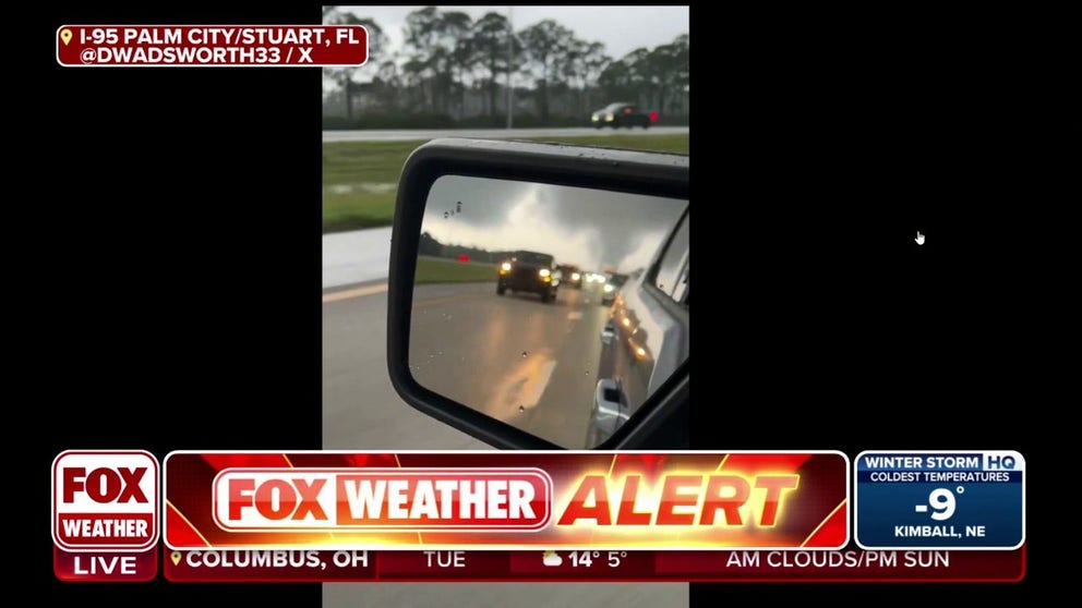 One driver caught a scary sight in the rearview mirror on Monday. A confirmed tornado crossed I-95 in North River Shores, Florida.
