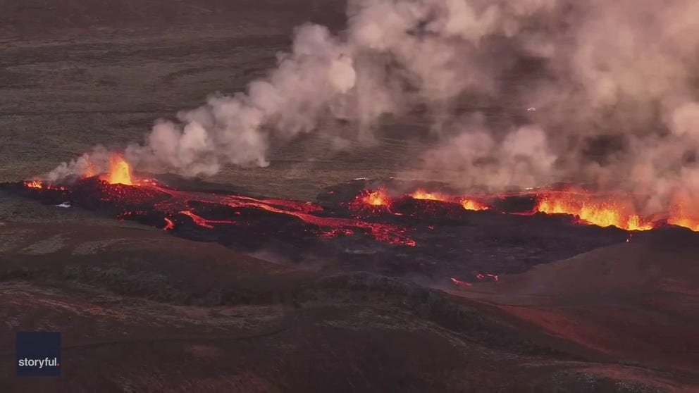 A new fissure opened Sunday near Grindavik, Iceland on the wrong side of the lava barrier. Three homes burned as the lava pooled around them. Drone video shows the molten rock still flowing towards the town in the first fissure as well.