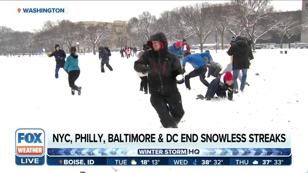 New York City, Philadelphia, Baltimore and Washington, D.C., have all finally ended their record snowless streaks after a coastal storm brought snow to the region on Monday and Tuesday.
