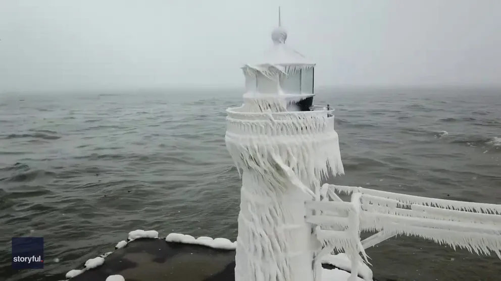 Footage shot on Monday captures images of the St. Joseph North Pier Outer Lighthouse that turned into a frozen wonderland. (Courtesy: Nates Dronography via Storyful)