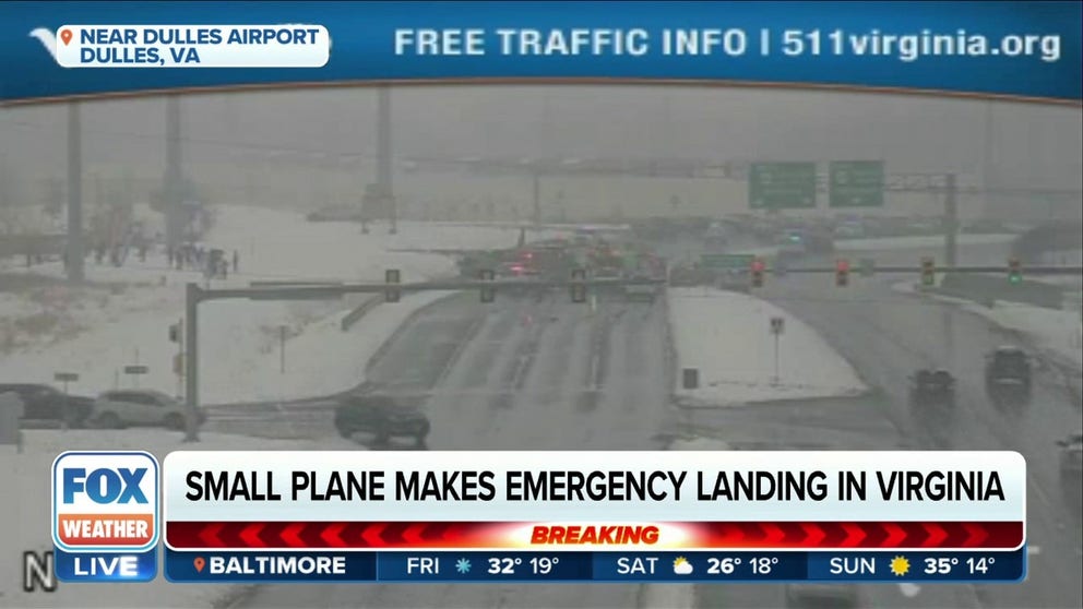 A small plane has made an emergency landing on a road near Dulles International outside Washington