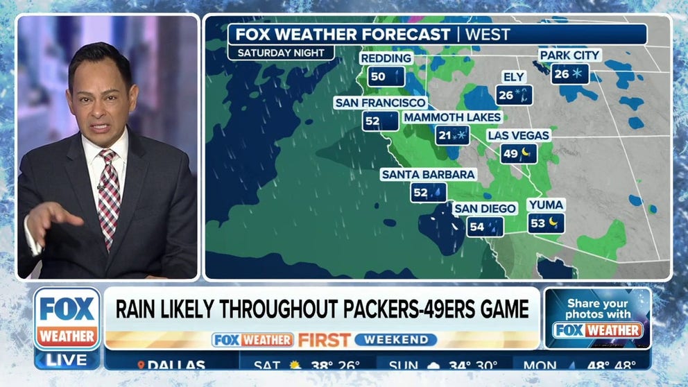 An active pattern that has set up across the West Coast shows no signs of letting up with three separate storms set to impact the region through Monday. The second storm will be of particular interest nationally as it will lead to wet conditions for Saturday's NFL Divisional playoff game between the Green Bay Packers and San Francisco 49ers. 