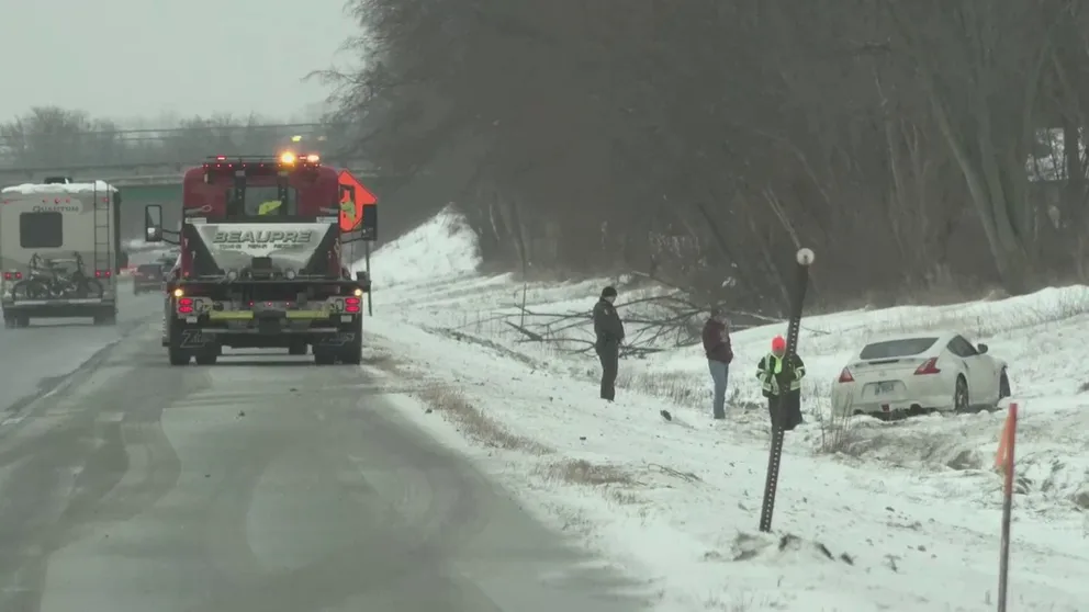 Video recorded on Interstate 57 in Kankakee, Illinois, shows several vehicles on the side of the road as an ice storm impacts millions of people from the mid-South to Midwest on Monday, Jan. 22, 2024.