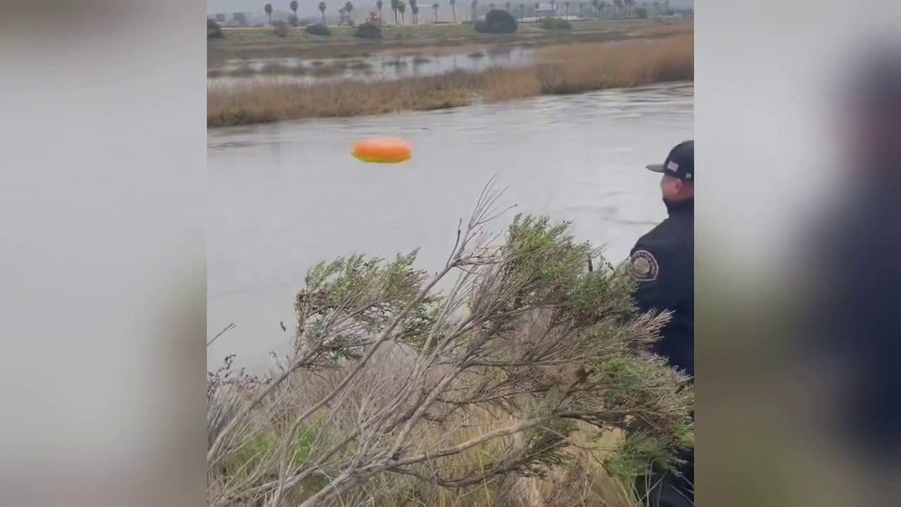 This was just one of the dozens of rescues by San Diego firefighters and lifeguards. The Captain threw a save-a-life disc to a man clinging to a float and quickly headed down a river that is a road in drier times.