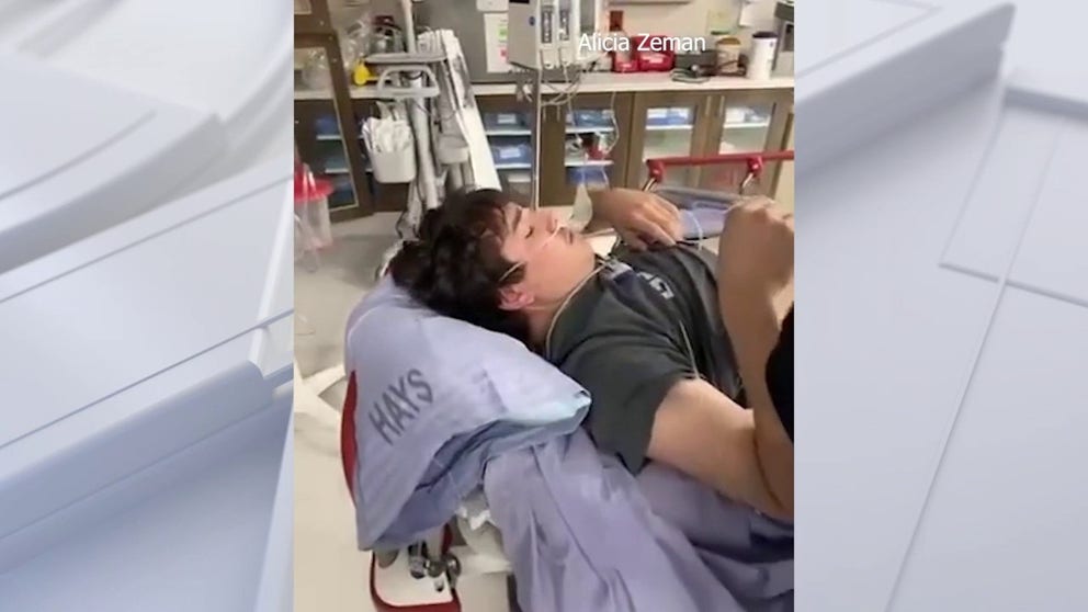 Video shows Joey Zeman in a Kansas hospital after he slipped and fell on ice, forcing the pliers into this body.