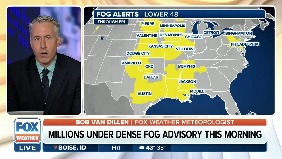 Thick fog once again covered much of the nation's Heartland and parts of the mid-Atlantic Friday morning, leaving over 70 million under fog alerts – many for at least the third straight day.