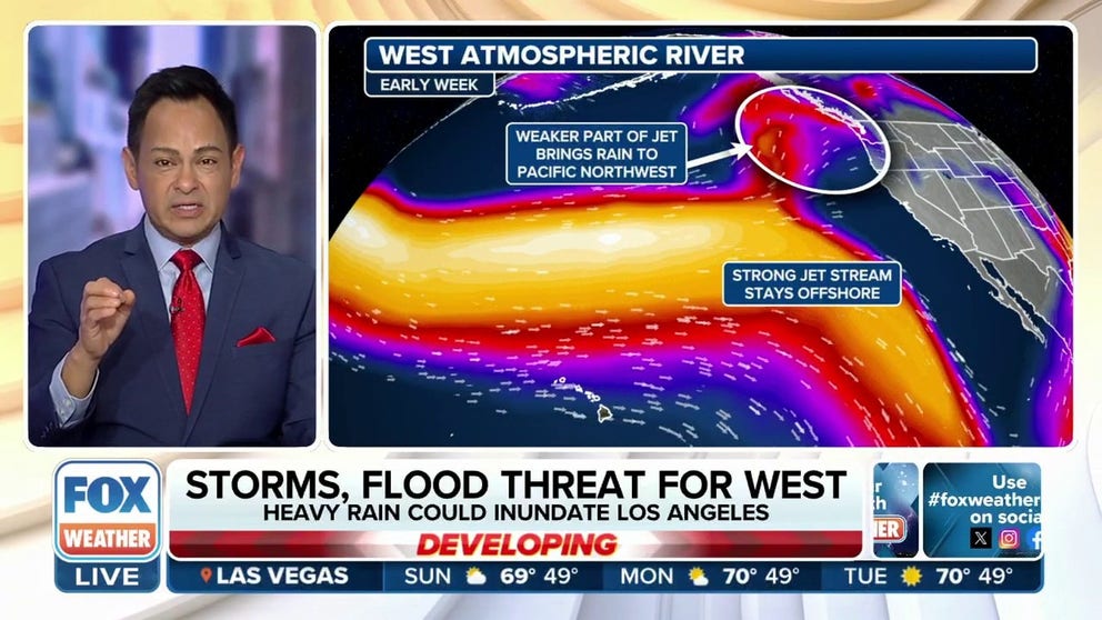 A potent atmospheric river will threaten California and much of the West Coast by midweek with flooding rain, high winds and mountain snow. NOAA's Weather Prediction Center has already issued a Level 2 out of 4 flash flooding risk for Wednesday in Northern California, with a Level 1 out of 4 risk posted for Thursday in Southern California.