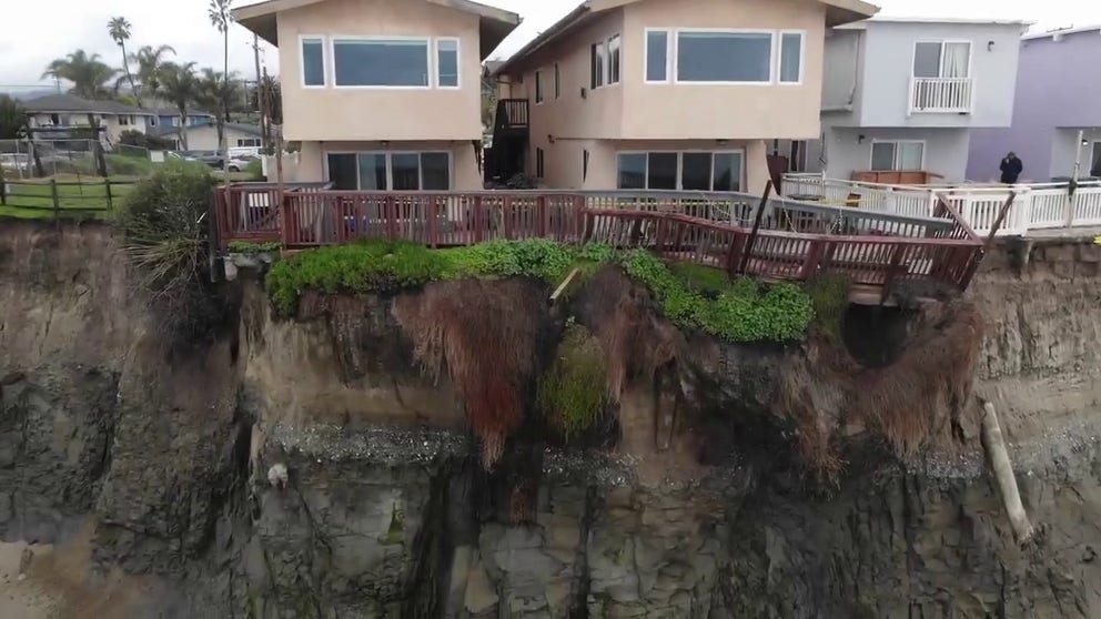 Santa Barbara County official shot drone video of where a cliff began to erode in Isla Vista, California, on Tuesday.