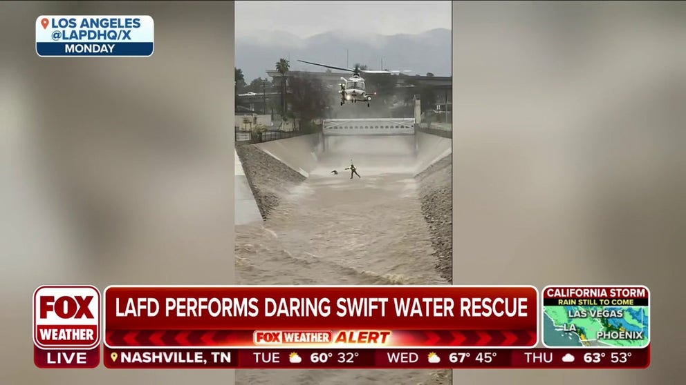 Historic rainfall turned empty washes into rushing rivers. The LA Police Department was called to rescue a man who jumped into dangerous water to save his dog. Captain Adam Vangerpen, Public Information Office, joins FOX Weather to talk about this and many other rescues on Monday. (Video from February 2024)