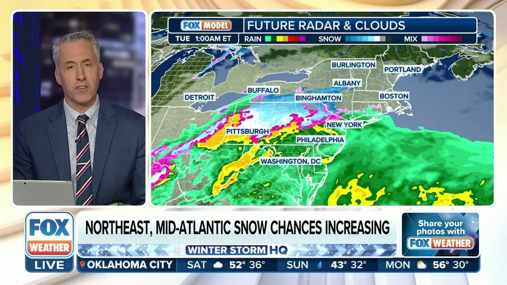 Based on forecast trends, the track of the low will produce a fairly widespread swath of moderate-to-heavy snow from Pennsylvania to Massachusetts through Tuesday, the FOX Forecast Center said.