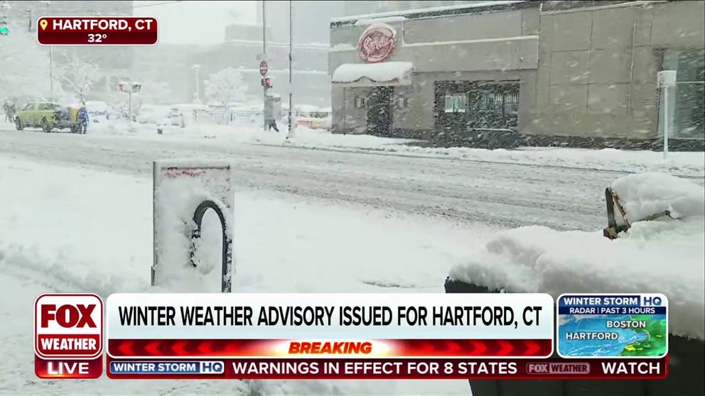 Hartford, Connecticut, has picked up more than a half foot of snow as a nor'easter blasts the Northeast and New England with heavy snow on Tuesday.