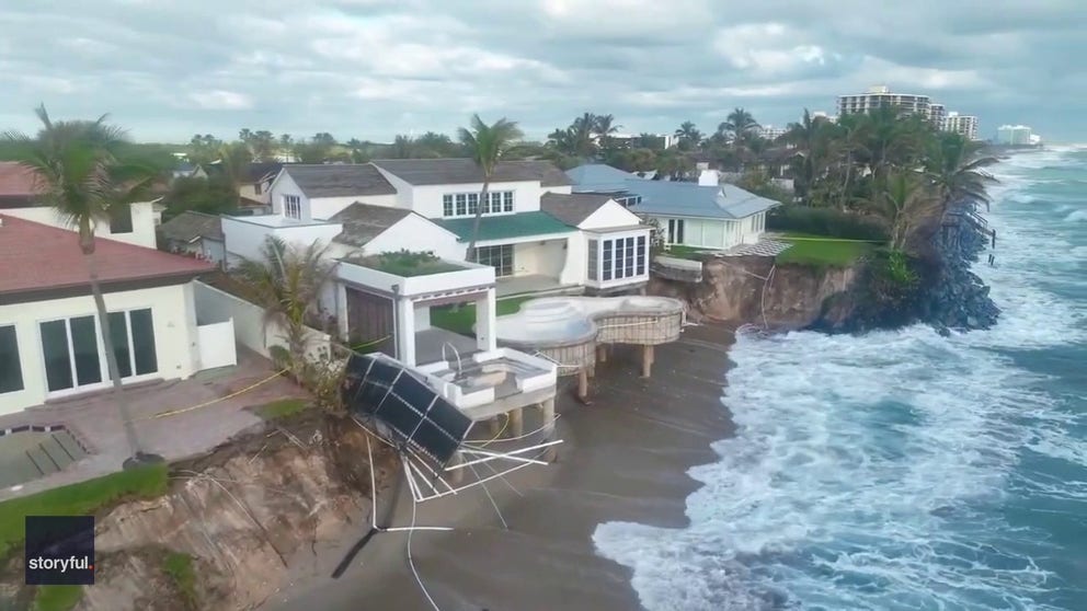 Rough surf has led to beach erosion for waterfront homes in Jupiter Inlet Colony. Drone video captured between January 29 and February 10 shows the extent of the damage to homes as the dunes were washed away.  (Credit: Stephen Ippolito via Storyful)
