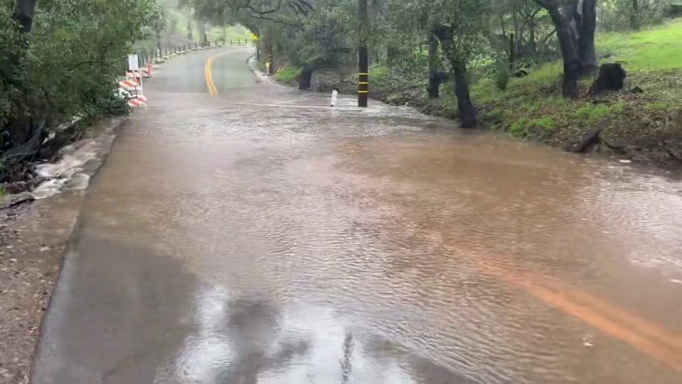 Roads in Montecito have been flooded after an atmospheric river dumped heavy rain on California on Monday, Feb. 19, 2024.