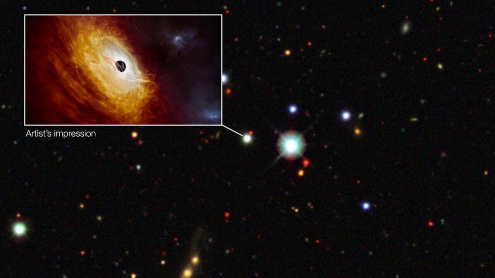 This video takes us on a journey from our Milky Way far into the sky to the quasar J0529-4351, the bright core of a distant galaxy. The supermassive black hole powering J0529-4351 is the fastest-growing black hole ever discovered. The video ends with an artist’s impression of this record-breaking object. (Video credit:  ESO/N. Risinger (skysurvey.org)/Digitized Sky Survey 2/Dark Energy Survey/M. Kornmesser. Music: Astral Electronic)