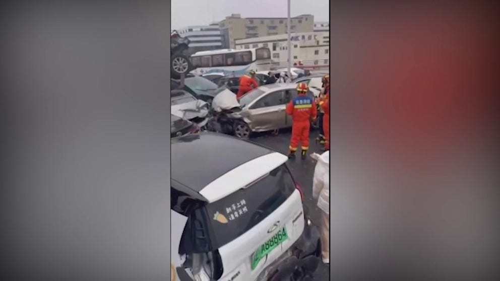 Footage captured in Suzhou captures images of mangled vehicles, along with drivers and passengers climbing out of their cars. Feb. 23, 2024.