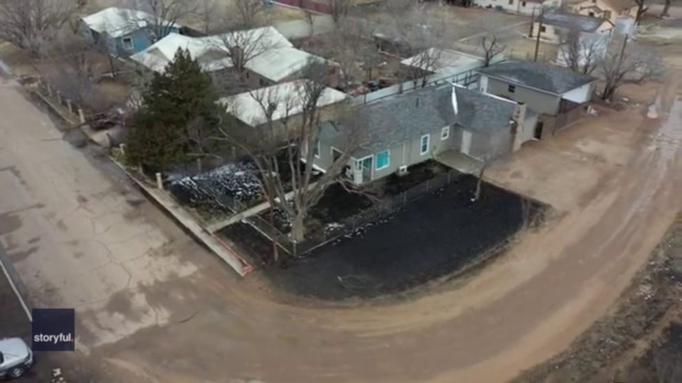 Aerial video shows the destruction caused by a wildfire in the town of Fritch, Texas.