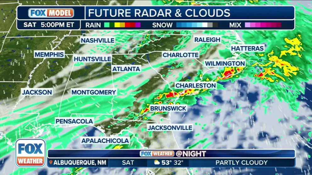 A cold front that is making its way through the South will be the focal point of showers and thunderstorms on Saturday
