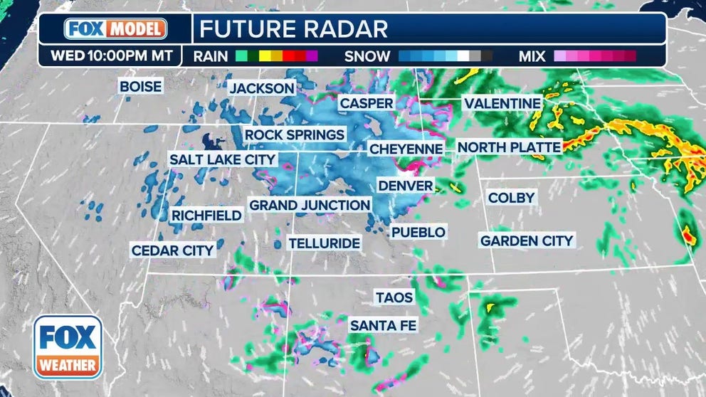 The exclusive FOX Model Futuretrack shows a powerful winter storm impacting the Rockies, including cities such as Denver and Boulder in Colorado.