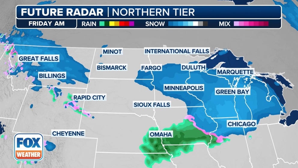 The exclusive FOX Model Futuretrack is showing a fast-moving storm sweeping across the northern tier that could bring accumulating snow to cities like Chicago, Minneapolis and Green Bay in Wisconsin later this week.