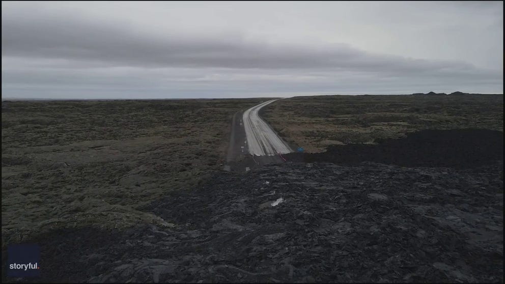 Incredible drone footage shows the charred landscape in Iceland after a volcano erupted for the fourth time in three months last weekend. 