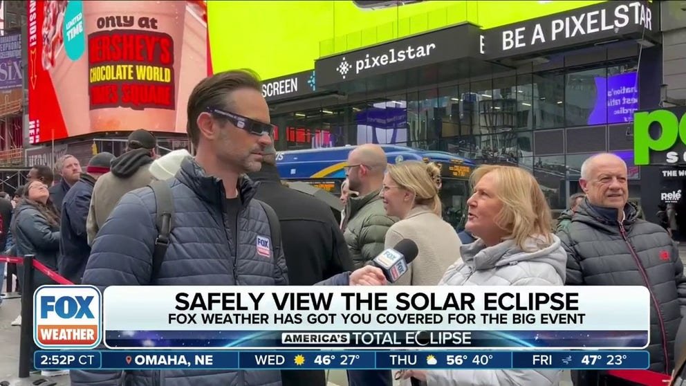FOX Weather meteorologist Nick Kosir supplies New Yorkers with free pairs of eclipse glasses in Times Square ahead of the total solar eclipse on Monday, April 8th, 2024.