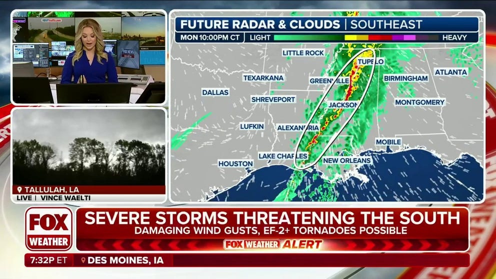Severe storms moving across South on Monday night | Latest Weather Clips | FOX Weather