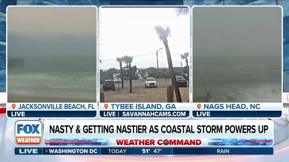 A coastal storm is sending rough surf and rainy weather along the eastern seaboard to popular spring break destinations in Florida, Georgia and the Carolinas.