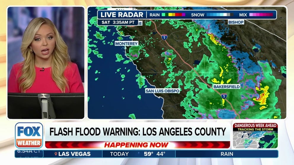 As the storm center pushes south off the coast toward the Los Angeles Basin on Saturday, it has tapped into some tropical moisture, transitioning into a brief atmospheric river storm. Its heavy rainfall has triggered flash flooding potential through the Easter holiday weekend.