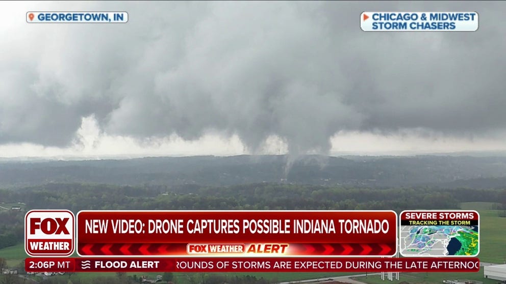 A drone captured video of tornado moving through southern Indiana outside of Louisville, Kentucky on April 2, 2024.