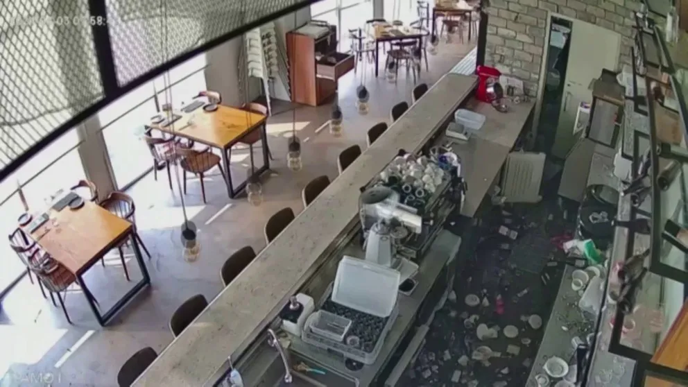 Video recorded inside a restaurant in Taiwan captured the moment a powerful earthquake began and shows lights swaying and glasses and plates crashing to the floor.