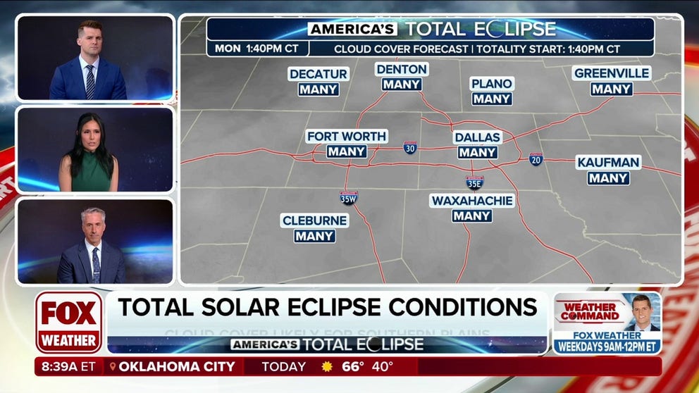 The FOX Forecast Center is tracking a potential severe weather threat for areas along the path of totality including in Dallas-Fort Worth. The eclipse day cloud-cover forecast is looking more promising for those in the northeast.