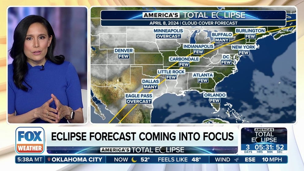 It'll be a nail-biter for millions of Americans as they look up on Monday afternoon. The FOX Forecast Center is tracking where clouds could spoil the view for America's total solar eclipse.